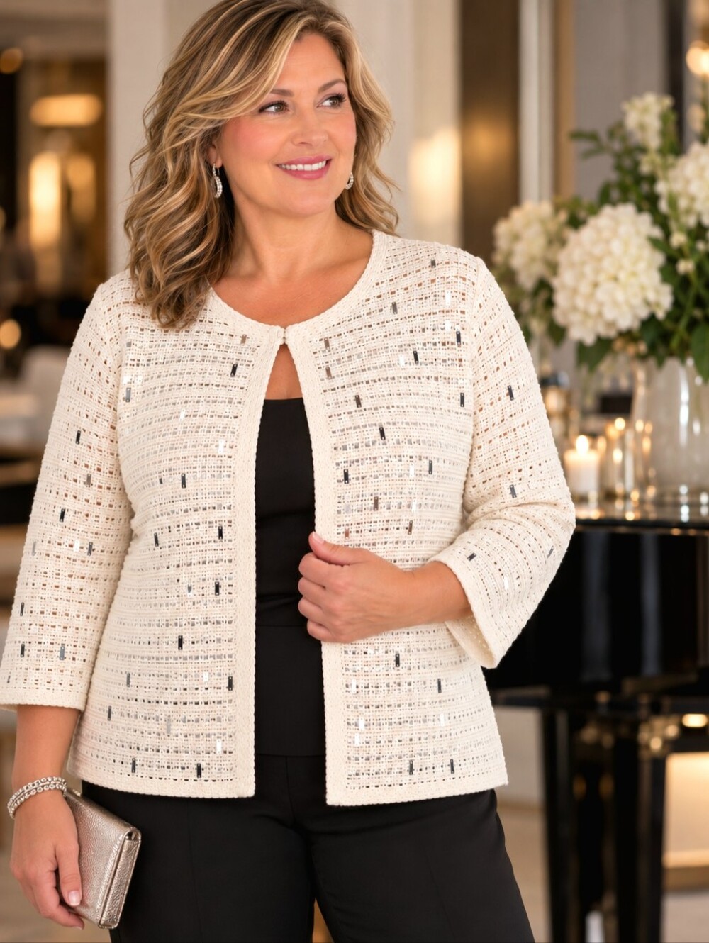 ​Chico’s Ivory Silver Sequin Crochet Open Front Cardigan Sweater Size 3 XL